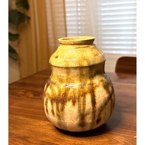 Vintage Studio Pottery Green & Brown MCM Japanese Stone and Glaze Drip Influence